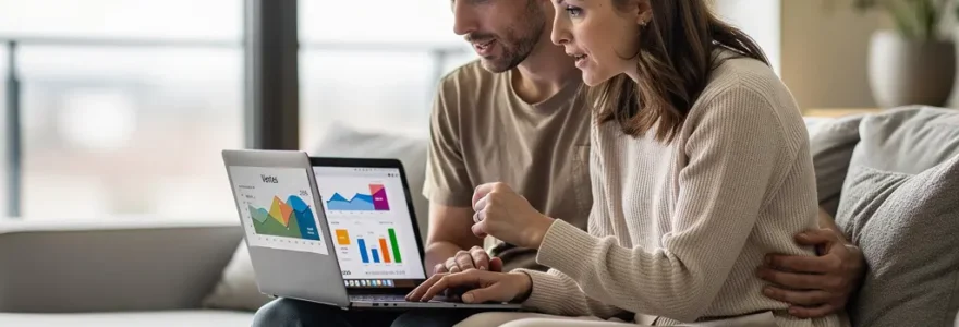 Couple français discutant ensemble de leur projet immobilier devant un écran d'ordinateur