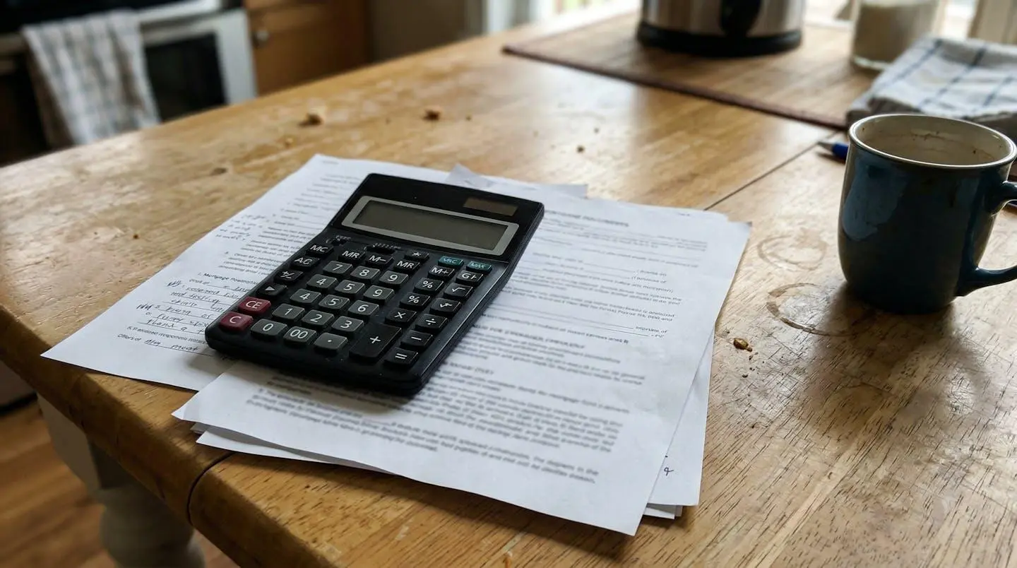 Une calculatrice posée sur des documents de prêt immobilier sur une table de cuisine avec une tasse de café à côté