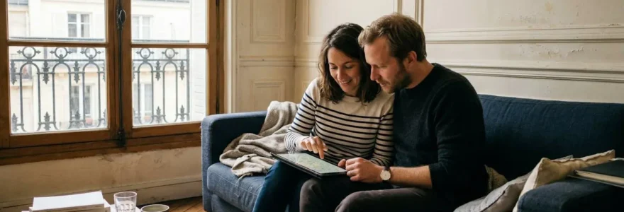 Un couple trentenaire assis dans un salon lumineux consulte une tablette ensemble, expression concentrée, appartement avec parquet et moulures
