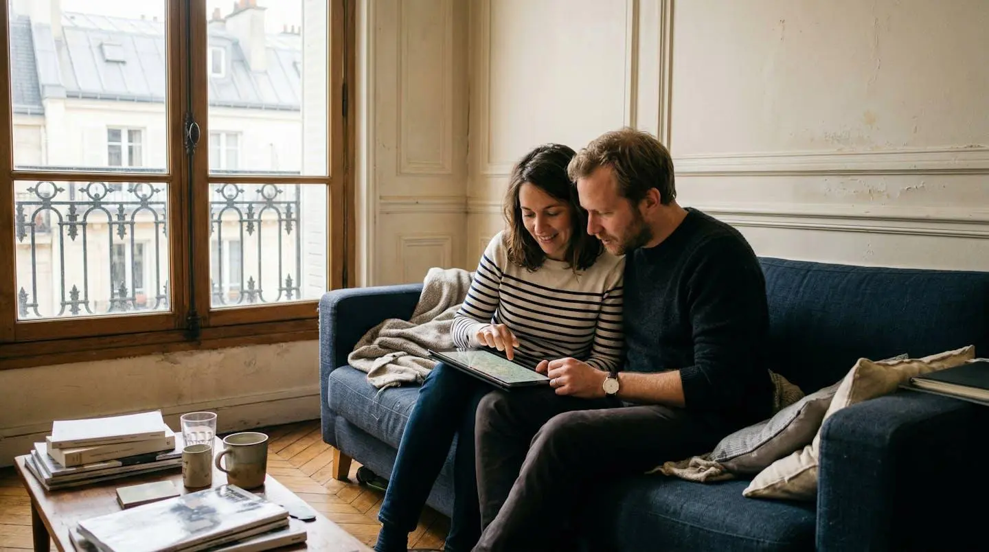 Un couple trentenaire assis dans un salon lumineux consulte une tablette ensemble, expression concentrée, appartement avec parquet et moulures