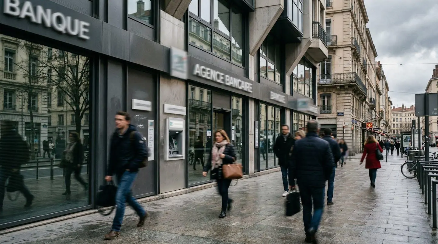 Façade d'une agence bancaire moderne en centre-ville français avec des passants en mouvement sur le trottoir