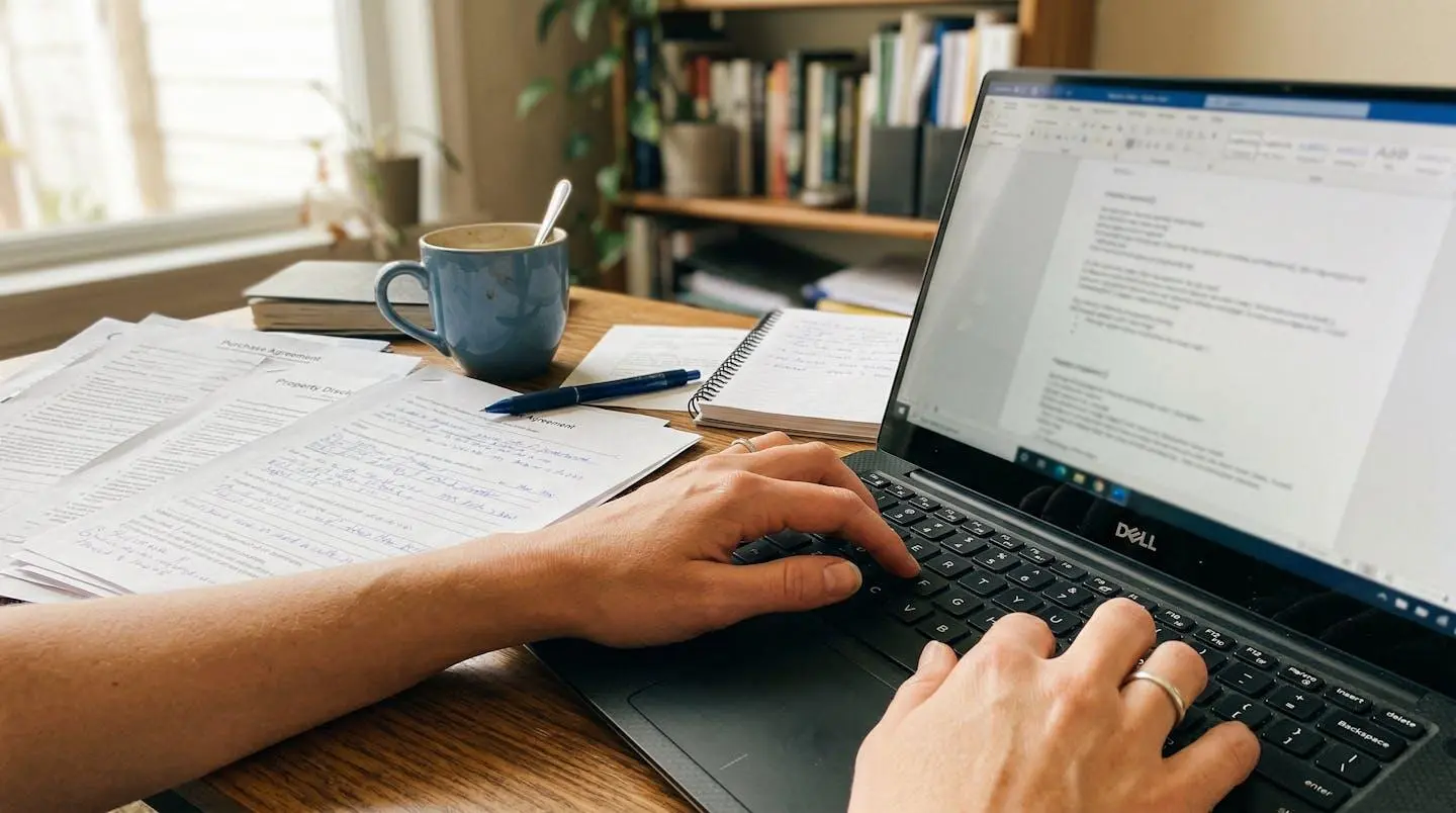 Gros plan sur des mains tapant sur un clavier d'ordinateur portable dans un bureau à domicile avec des documents immobiliers visibles à côté