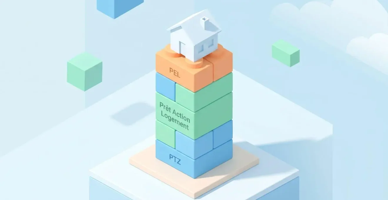 Blocs de construction colorés empilés représentant le cumul des aides PTZ, prêt action logement et PEL, surmontés d'une maison.