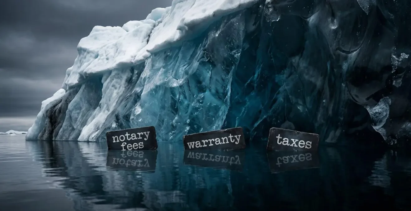 Iceberg dont la partie immergée massive est étiquetée avec les frais cachés d'un achat immobilier.