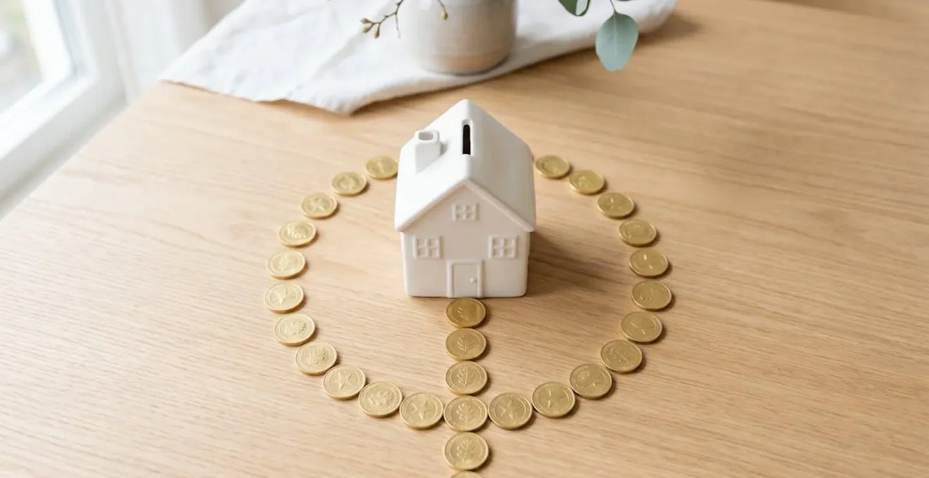 Tirelire en forme de maison entourée de pièces dorées sur une table en bois, symbolisant l'épargne pour un achat immobilier.